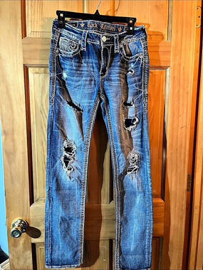 Rock Revival Mid-Rise Straight Distressed Straight Leg Jeans in Blue Waist 27